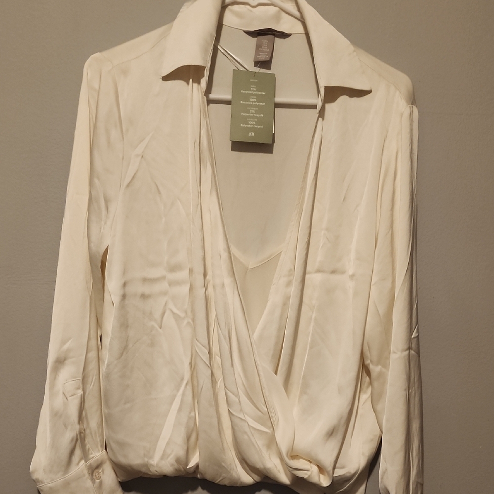 H&M Cream Long Sleeve Wrap Blouse with Notched Collar